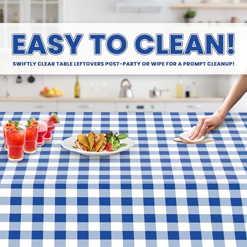 Image of Grandipity Plastic Table Cloth Disposable 12 Pack 54 inch x 108 inch Rectangle | Blue Gingham Plastic table covers, durable disposable tablecloths, fade and tear-resistent table cover for party, event