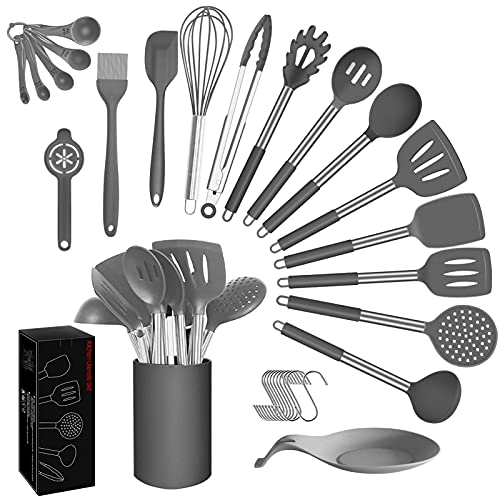 Kitchen Utensils Set 30pcs Non-stick Heat Resistant Silicone Cooking Set with Holder Cookware with Stainless Steel Handle Xmas Gift - Grey (BPA Free Non Toxic)