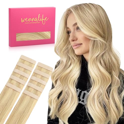 Image of WENNALIFE Tape in Hair Extensions Human Hair Light Blonde Highlighted Golden Blonde Tape in Extensions, 10pcs 20g 12 inch Remy Invisible Tape Ins Straight Soft Real Human Hair Tape in Extensions