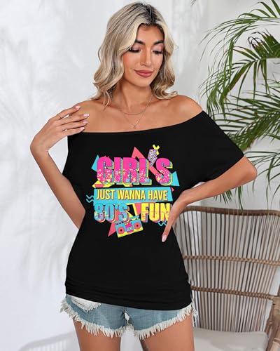 90s 80s Outfit for Women 80's Theme Party Disco Shirt Off The Shoulder Tops Vintage 90s Neon Off Shoulder Top3