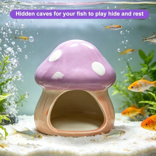 Image of AnRui Ceramic Betta Fish Tank Accessories Decor Cute Mushroom House Aquarium Decoration Hideout Cave Ornament for Small Fish, Shrimp, Goldfish and Reptiles (Purple)