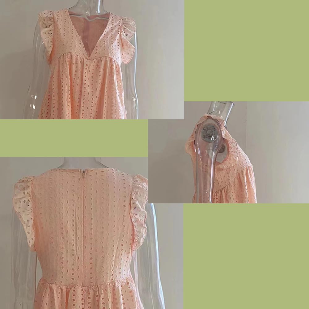 California Romper Dress with Shorts, Women's Ruffle Sleeve Dress Romper Solid Color Lace with Short Loose