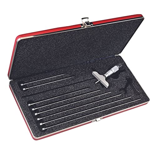 Starrett Micrometer Depth Gage a Combination Ratchet and Speeder in Case - Plain Thimble, 0-9" Range, .001" Graduation, 2-1/2" Base - 9 Rods - 440Z-9L