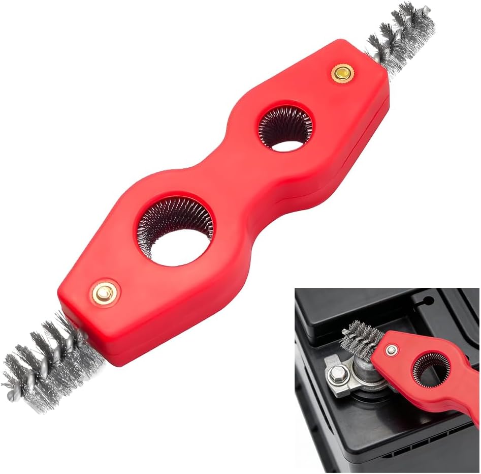 4 in 1 Car Battery Cleaning Brush, Anti-Corrosion Vehicle Battery Terminal Cleaner with Steel Wire, Auto Power Terminal Machine Parts Cleaning Tools, Universal for SUV RV Truck (Black)