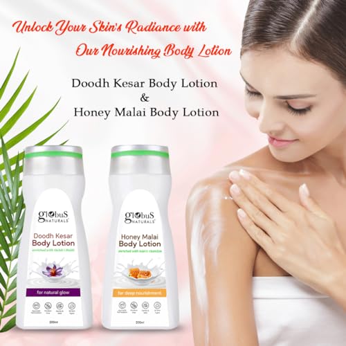 Image of Globus Naturals Body Lotion Combo Set of 2 - Honey Malai 200 ml, Doodh Kesar 200 ml, For All Skin Types