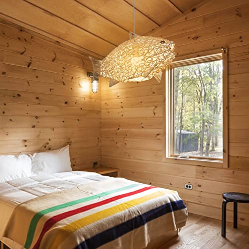 Gpnfgtl Weaving Natural Wicker Ceiling Hanging Light Fish-Shaped Lantern Pendant Lighting Rattan Light Droplight Ajustable Height Pendant Light Restaurant Living Room Dinning Room #TOP4