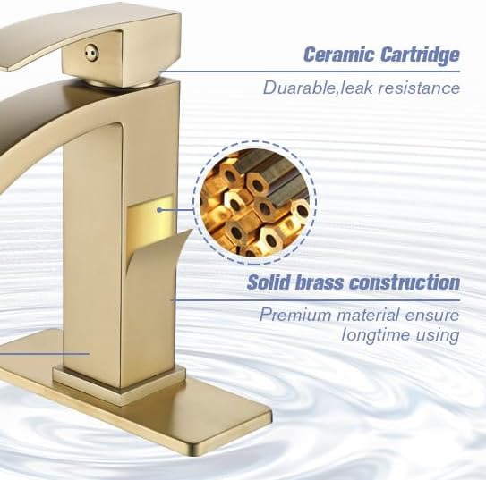Miniatura 6 de Grifo de baño en cascada de una sola manija, grifo de baño para 1 o 3 agujeros, grifo de lavabo de cascada moderno, grifo de lavabo de oro cepillado