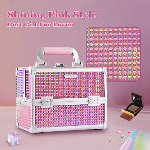 Joligrace Makeup Train Case Portable Cosmetic Box Jewelry Organizer Lockable with Keys and Mirror 2-Tier Trays Carrying with Handle Makeup Storage Box - Mermaid Pink