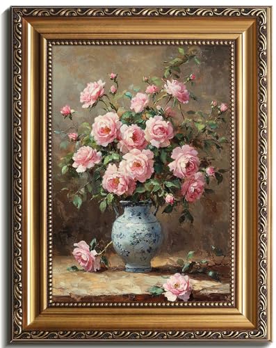 Gold Framed Wall art, Moody's Pink Peonies with Retro Gold Frame, Vintage Floral Wall Art Farmhouse Decor for Bedroom, Living Room, Bathroom, 12x16" Framed Canvas Print