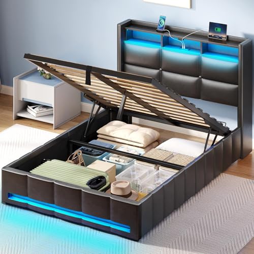 Rolanstar Bed Frame Twin Size with Lift Up Storage, Charging Stat...