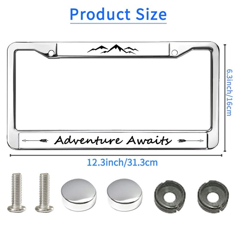 Image of Adventure Awaits Mountain License Plate Frame, Metal Outdoor Auto Tag Cover | Express your love for outdoor adventure with this durable metal mountain license frame, weather-resistant to last.
