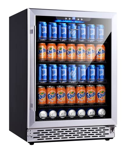Beverage Refrigerator Cooler 24 inch, Phitestina 170 Can Built-in or Free Standing Wine & Beverage Fridge, with Glass Door Under Counter Beer Refrigerator for All Drink.