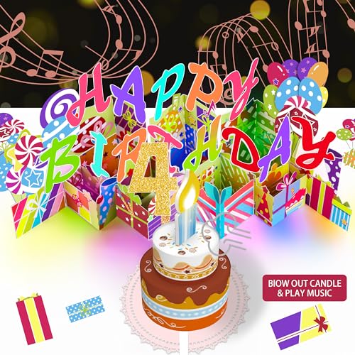 Image of Gumry 4th Pop-Up Musical Birthday Card with Blowable LED Candle for Kids