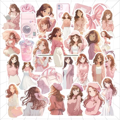 Image of Pink Aesthetic Kawaii Girl Vinyl Stickers Pack of 32 | Waterproof Baby Pink & Pastel Cute Fashion Decals for Laptop, Water Bottle, Journal, Scrapbook, Phone Case | Self-Adhesive Sticker Pack
