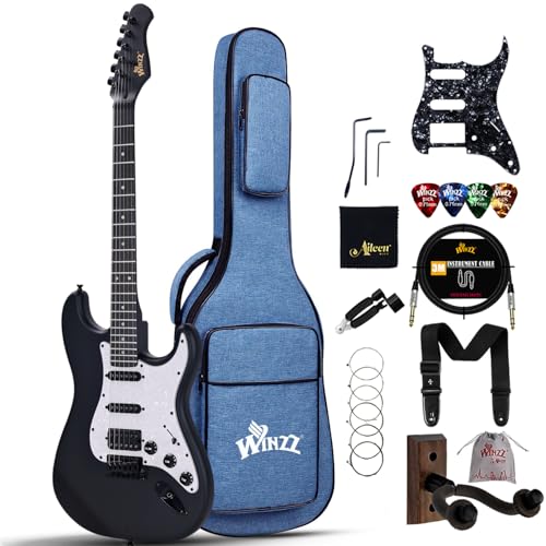 Winzz Erwachsene E-Gitarre 4/4 Größe, ST HSS Tonabnehmer, für Anfänger Starter Paket mit 12 Zubehör, Ideal Kinder E-Gitarre Kit 12+ Jahre (39' Matte Schwarz, Weißes Schlagbrett)