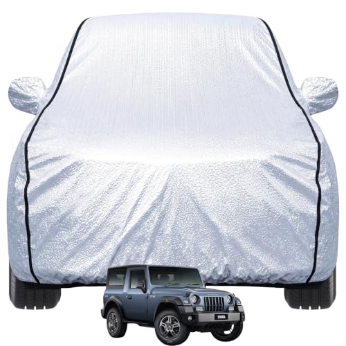 Image of Pivalo Car Cover for Mahindra Thar All Model & Years (2010-2026) 100% Waterproof with Mirror Pockets, Triple Stitched Bottom Elastic Dustproof Full Body Protection (Heat & UV Resistant, Silver)