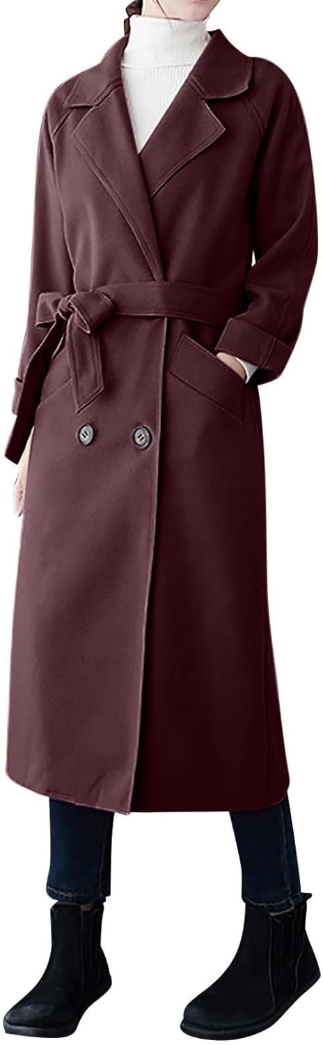 XUNRYAN Women's Trench Coat Long Sleeve Jackets Fashion Winter Fall Casual Double Breasted Peacoat Maxi Long Coat Outerwear