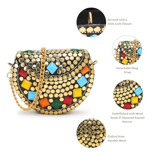 Image of Anekaant Metal Mirage Diamond Enamel Embellished Clutch For Ladies | Party & Wedding Handbag
