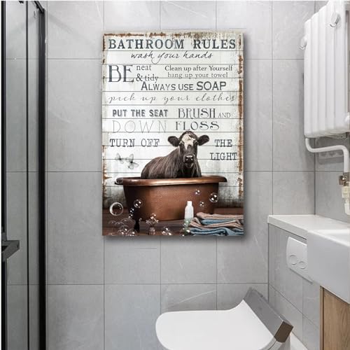 Image of Cow Bathroom Canvas Wall Decor Rustic Bathroom Rules Prints Sign Wall Art Black And White Cow In The Bathtub Pictures Wall Decor Poster Funny Cow Wall Art Humor Animals Artwork Prints 16x24in No frame