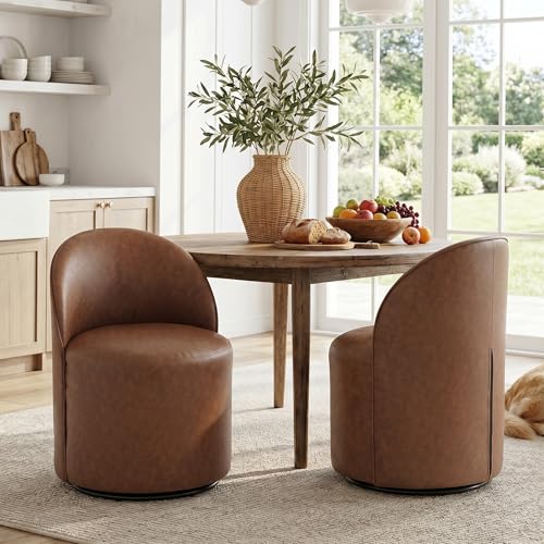 Image of HNY Upholstered Kitchen & Dining Room Barrel Chairs Set of 3, Mid Century Modern Round Leather Dining Chairs, 360 Degree Swivel Comfy Armless Accent Makeup Vanity Side Chairs for Living Room, Brown