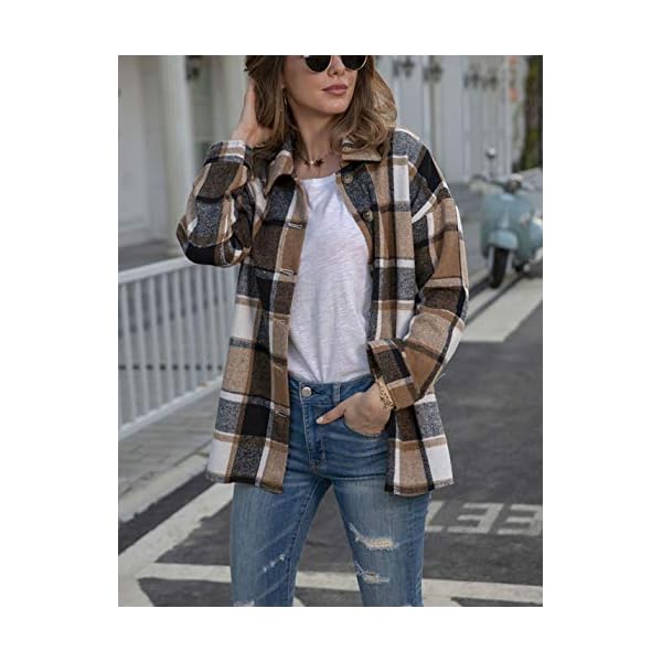 Yeokou Women's Fall Color Block Plaid Flannel Shacket Jacket Button Down Shirt Coat Tops(Khaki-L)