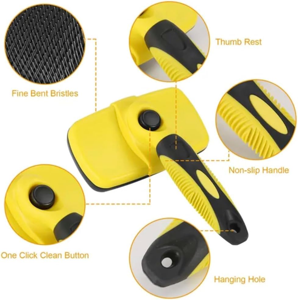 Self Cleaning Slicker Brush for Dogs & Cats, Grooming Comb Suitable for Long or Short Coats, Removes Mats, Tangles & Loose Fur, Reduces Shedding & Prevents Hair Mess, Yellow