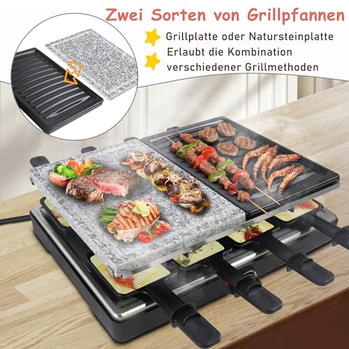 Griglia per raclette per 8 persone, con piastra in pietra e piastra per barbecue, 1400 W, 8 padelle e spatole in legno, temperatura regolabile, per interni - immagine 4