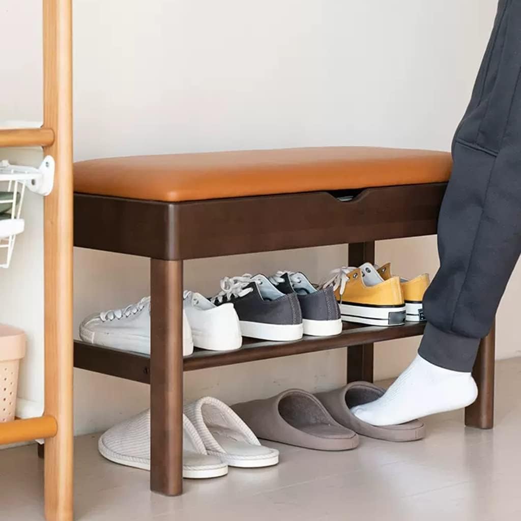 Shoe Rack Bench Wood Storage Bench PU Leather Upholstered Bench Shoe Stand with Hidden Storage Box Show Rack (Color : Brown, Size : 72.6 * 35 * 46.5cm)