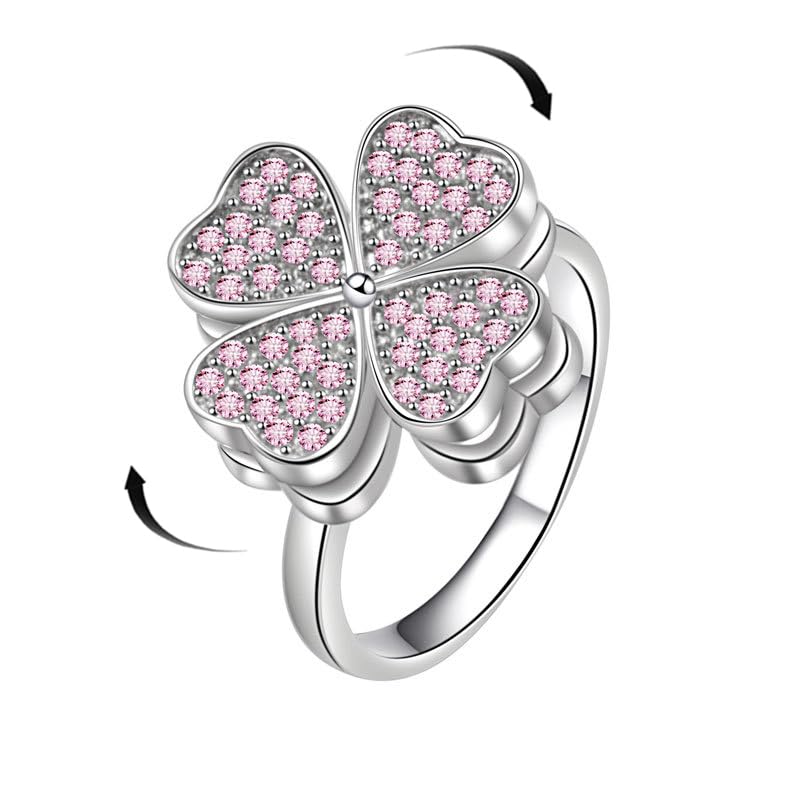 Pink Cz Four Leaf Clover Wedding Rings for Women Unique Rotating Spinner Shamrock Adjustable Stress Relief Fidget Ring Wedding Band Finger Sterling Silver Plated St Patricks Day Birthday Jewelry Gifts