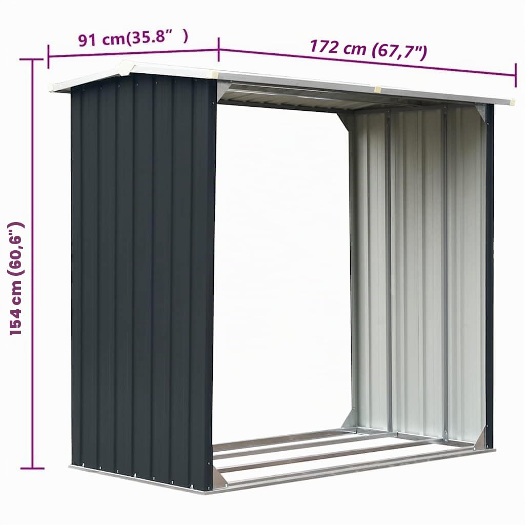 vidaXL Caseta de Jardín para Leña Acero Galvanizado Soporte Almacenaje Terraza Patio Estructuras Organizadores Duradera Resistente Gris 172x91x154cm