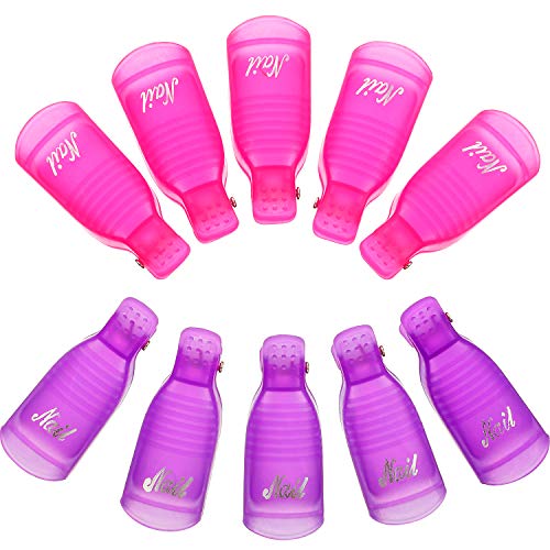 10 Pieces Acrylic Nail Art Soak Off Clip Cap UV Gel Polish Remover Wrap Nail Tool (Purple, Rose Red)