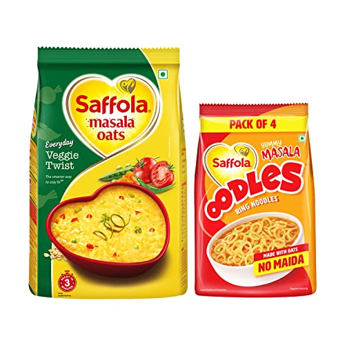Image of Saffola Masala Oats, Tasty Evening Snack, Veggie Twist, 500gm & Saffola Oodles, Instant Noodles, Ring Shape, Yummy Masala Flavour, No Maida, Whole Grain Oats, 212g