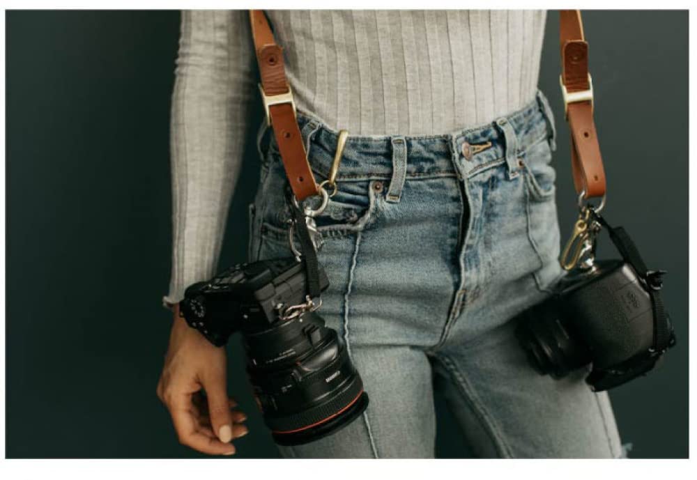 Accessori per tracolla per fotocamera per due fotocamere – Tracolla in pelle a doppia spalla – Attrezzatura per fotocamera multipla per tracolla per DSLR/SLR di SIQI-black