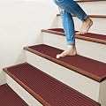 EdenProducts Patent Pending Non Slip Carpet Stair Treads, Set of 15, Rug Non Skid Runner for Grip and Beauty. Safety Slip Resistant for Kids, Elders, and Dogs. 8" X 30", Red, Pre Applied Adhesive