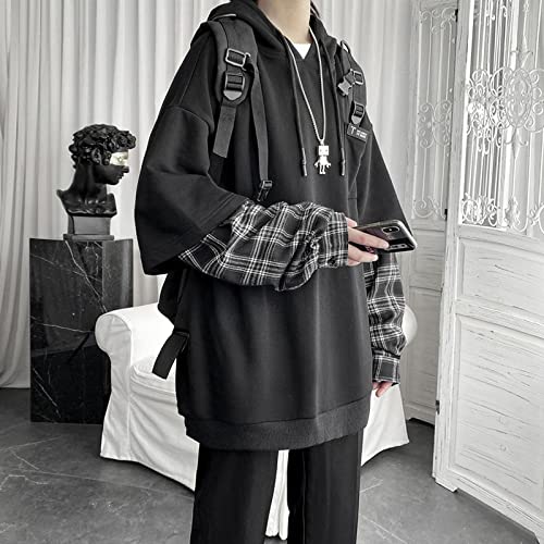 Yuesuo Emo Streetwear Vintage Hoodie Women Men Oversized Sweatshirt Punk Patchwork Pullovers Korean Grunge Plaid Hoodie Clothes (Black,Large,Us,Alpha,Adult,Male,Large,Regular,Regular) #TOP30