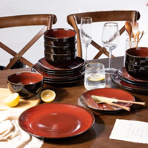 Image of LeRatio Ceramic Dinnerware Sets for 6,Stoneware Plates and Bowls Sets,Handmade Reactive Glaze Dishes Set,Chip Resistant and Scratch Resistant | Oven&Dishwasher & Microwave Safe,Service for 6-Red