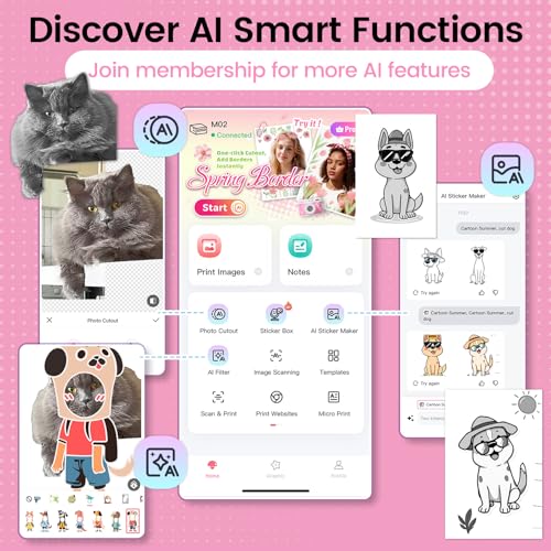 Phomemo Mini Sticker Printer- Mini Printer Sticker Maker Machine M02, Print Pods Suitable for Creative DIY, Diaries, Photos, Study Notes, Portable Thermal Inkless Label Maker for Home/Travel, Pink
