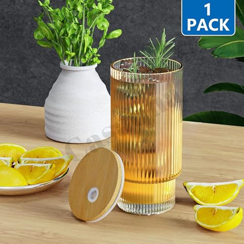 Image of Ribbed Glass Cup with Bamboo Lid and Straw - 300ml, Set of 1, Reusable Clear Drinking Tumbler for Iced Coffee, Tea, Juice, Smoothies & Cold Drinks, Glass Travel Cup for Home, Office & Gifts