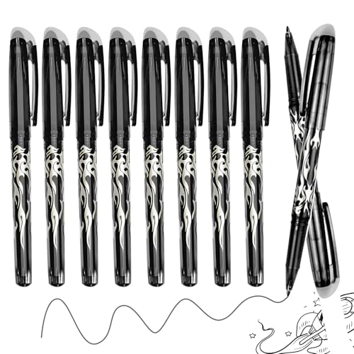 Erasable pens black, 10pcs Erasable Pens Black Friction Pen with Eraser, 0.7mm Rub Out Pens, Eraser Gel Pens with Rubber on the End for Kids Adults School Work Paperwork Stationary