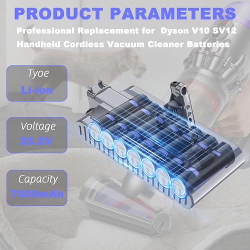 Image of 7000mAh 25.2V V10 /SV12 Battery Replacement for V10 Battery Pack 7 Cell Compatible with V10 Animal /Absolute /Motorhead /Cyclone Series Cordless Vacuum Cleaner