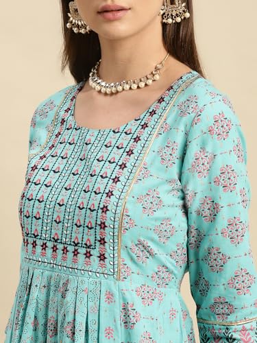 Image of rangita Light Blue Cotton Calf Length Printed Anarkali Kurti for Women | Kurta for Women
