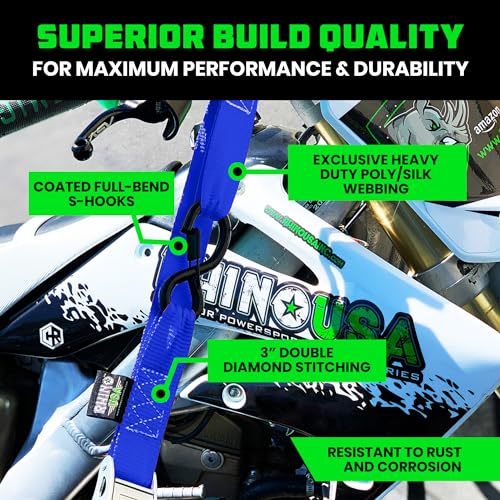 Image of Rhino USA Motorcycle Tie Down Straps (2-Pack) - Cambuckle with Soft Loops | 2,200lb break strength, scratch-free soft loops, steel cambuckle. Easier & faster than a ratchet strap. Blue