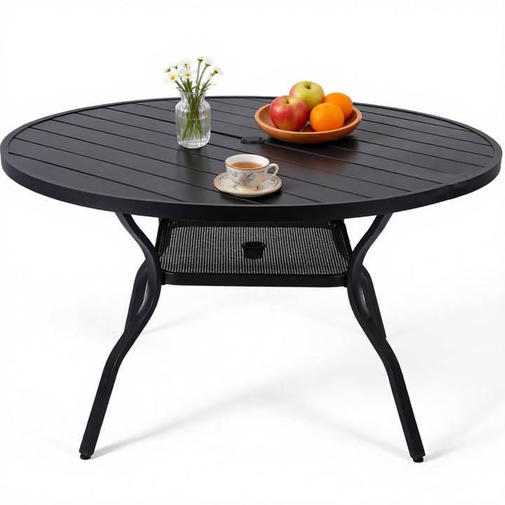 WENTUM 55 Outdoor Round Dining Table for 6-8 Metal Patio Table with Umbrella Hole & Shelf Black