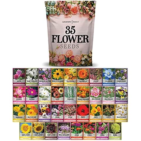 Gardeners Basics, Flower Seeds Packets for Planting 35 Individual Varieties Perennial, Annual, Wildflower Seeds for Planting Outdoors for Bees and Butterflies - Semillas de Flores Hermosas Cover