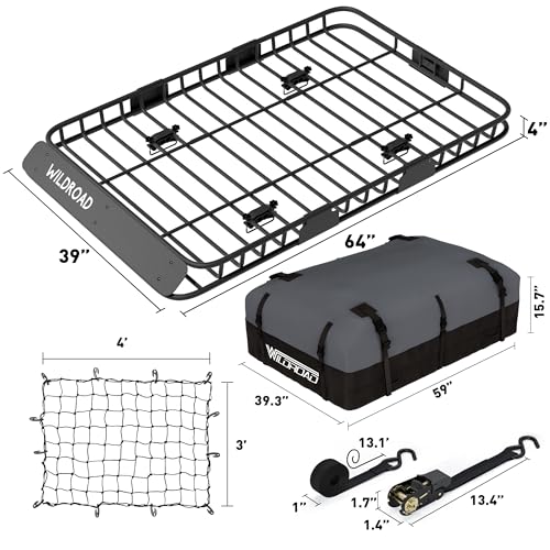 Image of WILDROAD Rooftop Cargo Carrier Combo Roof Rack Cargo Basket 64 inch x 39 inch x 4 inch