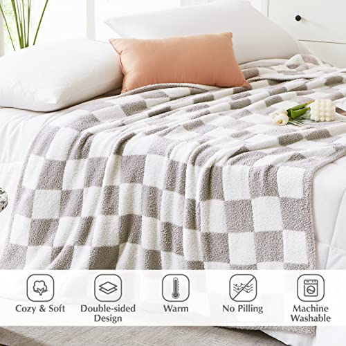 WRENSONGE Checkered Throw Blanket, Light Grey Soft Cozy Fluffy Warm Hand Made Throw Blankets for Couch, Sofa, Chair, Bed, Camping, Picnic, Travel Lightweight Bed Blanket - 50"*70"