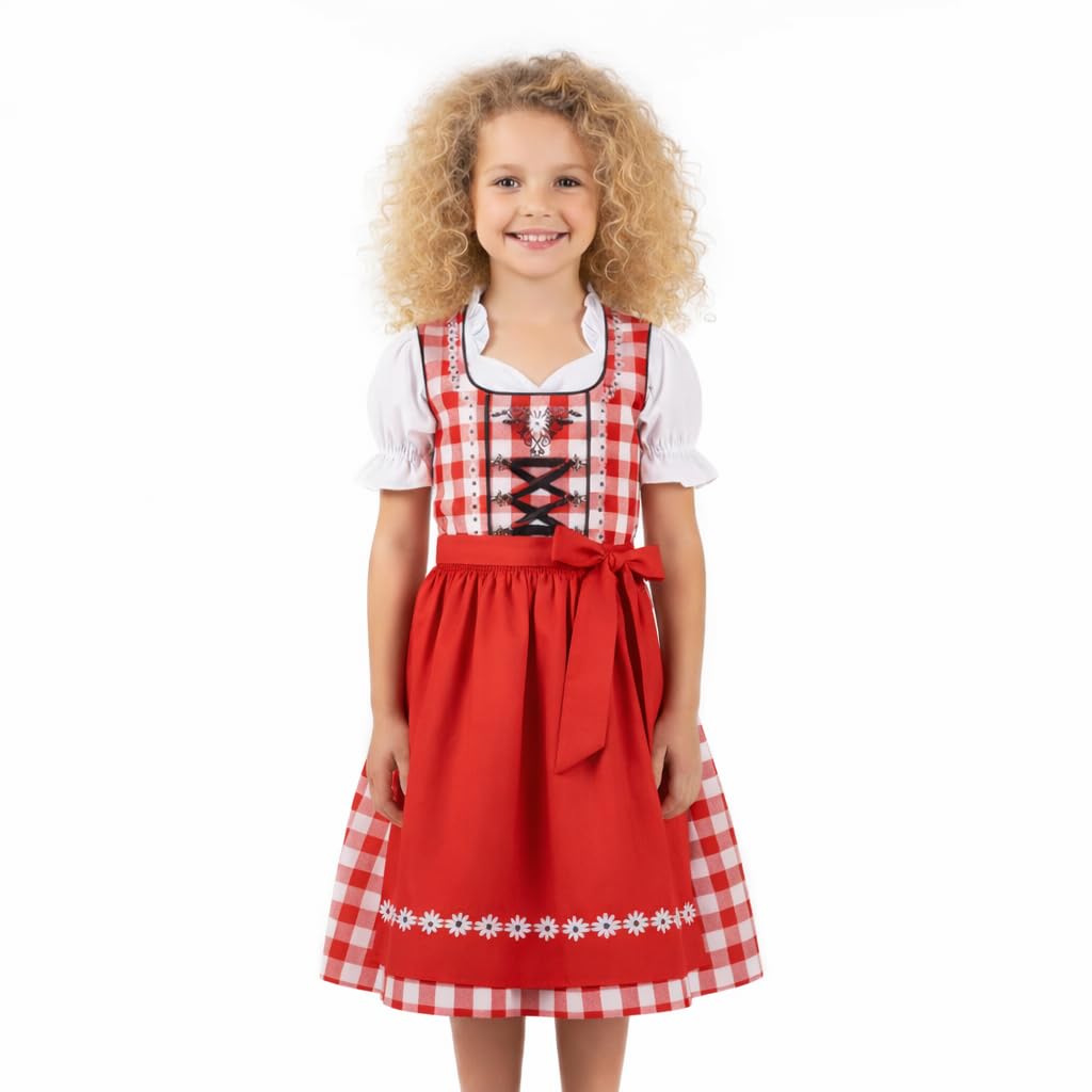 Kiddy Tracht Girls Red Costume Dress 3-Piece Children's Dirndl ' Dress White Checked Sizes 104, 116, 128, 140, 152, 4 Years