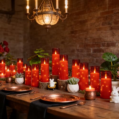 Image of Nimiko Flickering Flameless LED Candles,Battery Operated Candles 24 Pcs with Embedded Star String,Acrylic LED Pillar Candles with Remote,Suitable for Home Decoration to Create an Atmosphere (Red)