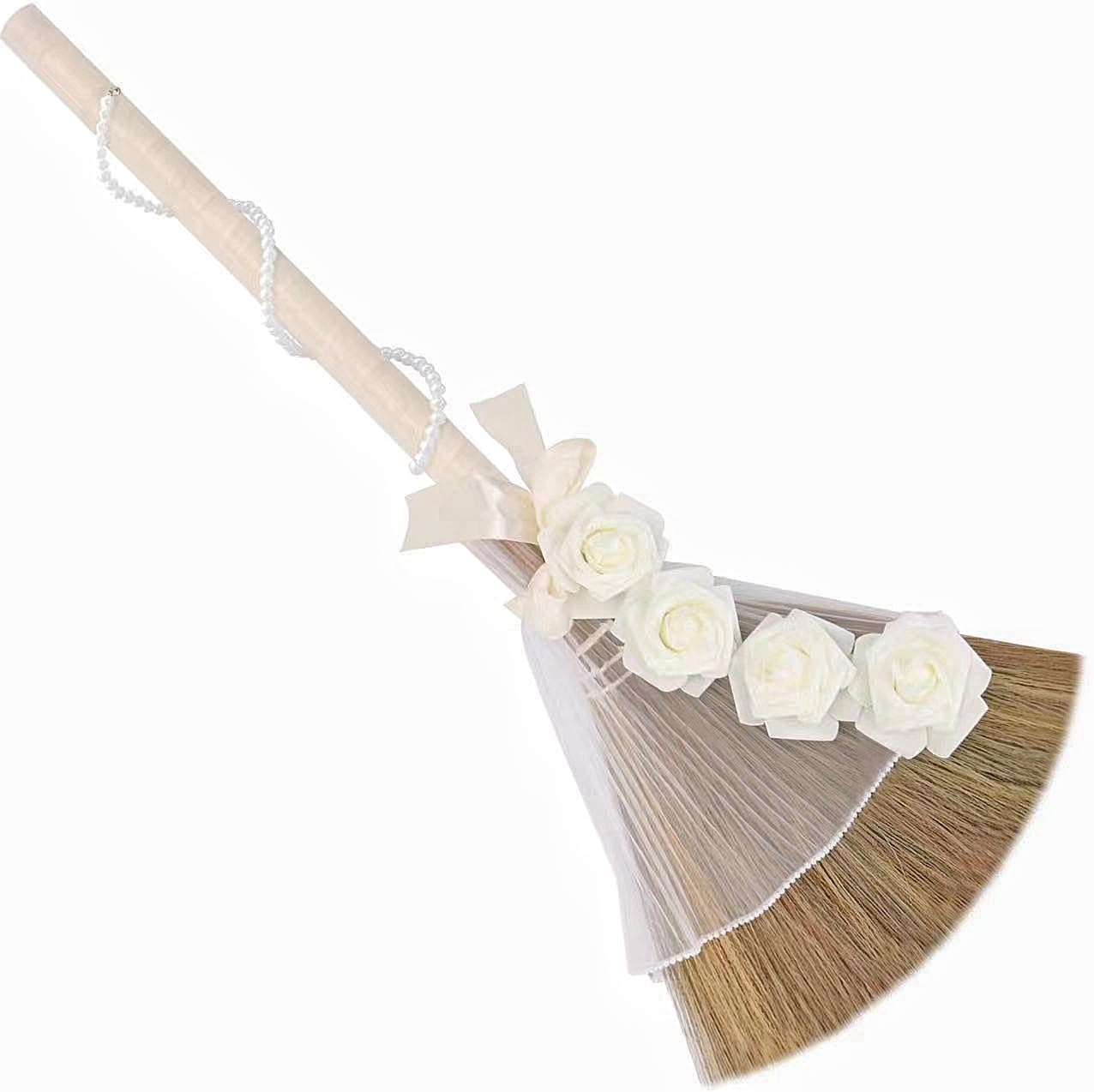 Wedding Broom for African American Jumping Ceremony, Decorative Jump Broom DIY Wedding Decor, Pearl Yarn Pearl Chain with Ribbons Artificial Pearl Roses