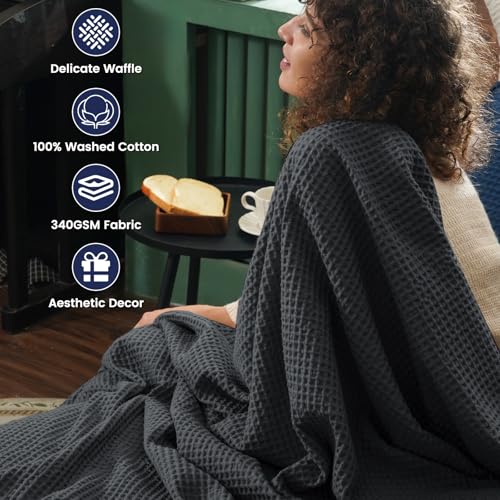 Image of PHF 100% Cotton Waffle Weave Throw Blanket 50 inch x 60 inch - Lightweight Washed Soft Breathable for Adults and Kids - Perfect Layer for Couch Bed Sofa - Elegant Home Decoration Gift - Black